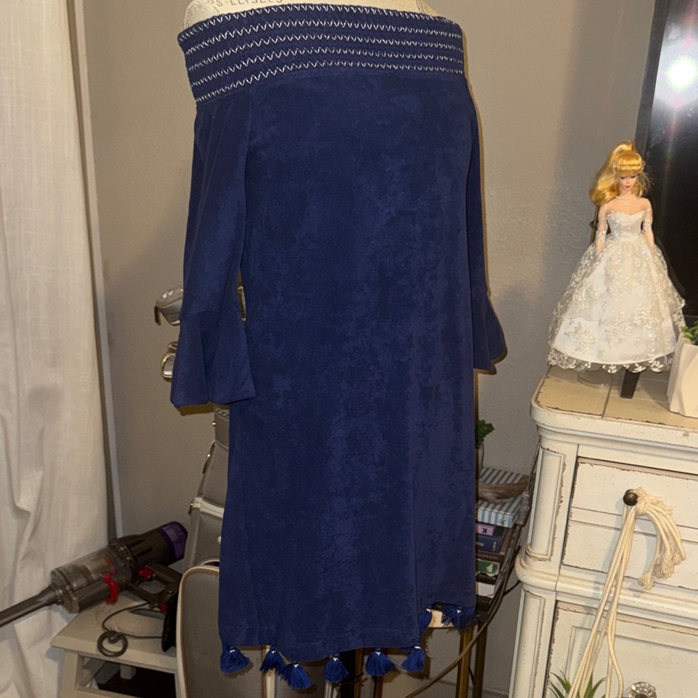 Elegant Blue Off-Shoulder Dress - Cabana Life - Navy Blue Terrycloth & tassels S - Picture 3 of 12